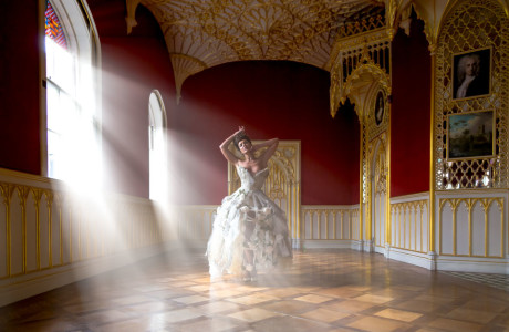 sunlight streaming on model in birdcage dress