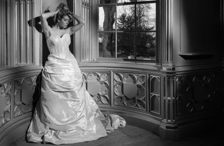 Model in wedding dress in black and white